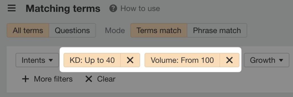 Choose Filters in Ahref with Keyword Difficulty (KD) and Search Volume (SV)