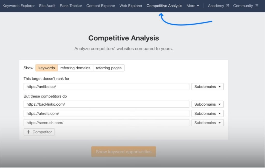 Competitor analysis on Ahref's with the competitive analysis tool