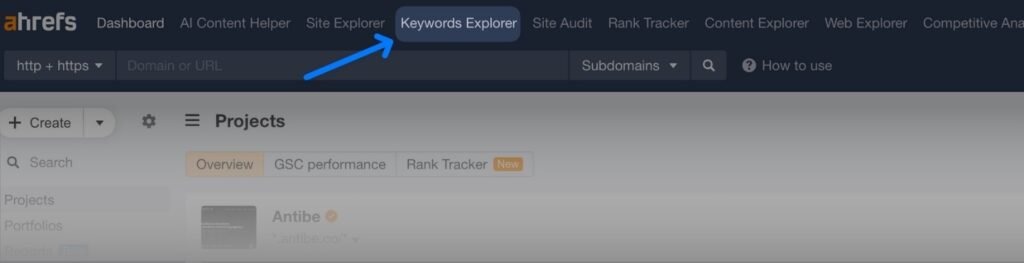 Keyword explorer menu in Ahref