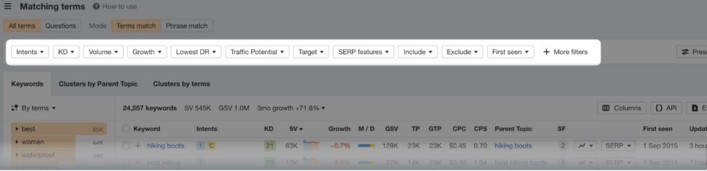Use filters in Ahref for making a better keyword list